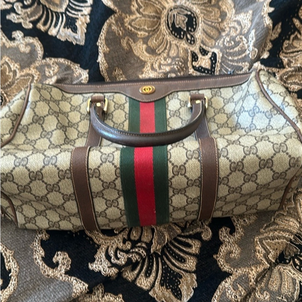 Gucci Monogram Canvas Boston  Handbag with Green and Red Stripe vintage - Picture 7 of 8
